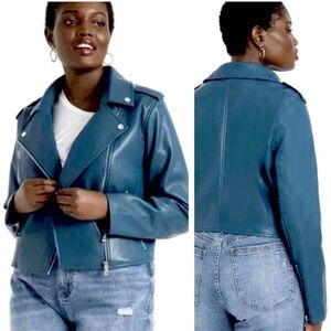 GIFTABLE ELOQUII Faux (Vegan) Leather Moto Jacket – Majolica Blue